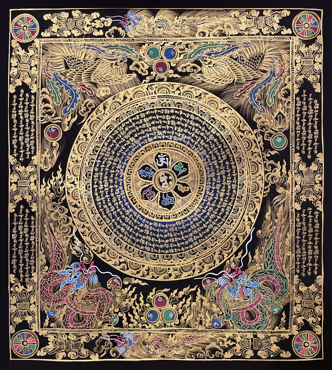 Mantra Mandala thangka, 55×61 cm: a mantra mandala with a six-syllable lotus, framed by phoenixes, dragons and columns of script on black