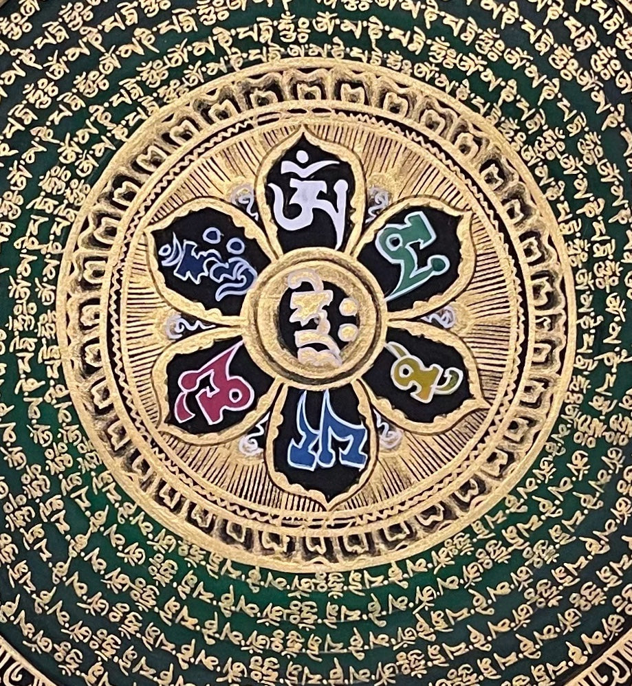 Mantra Mandala thangka, 56×60 cm: a mantra mandala with a six-syllable lotus on deep green, framed by phoenixes