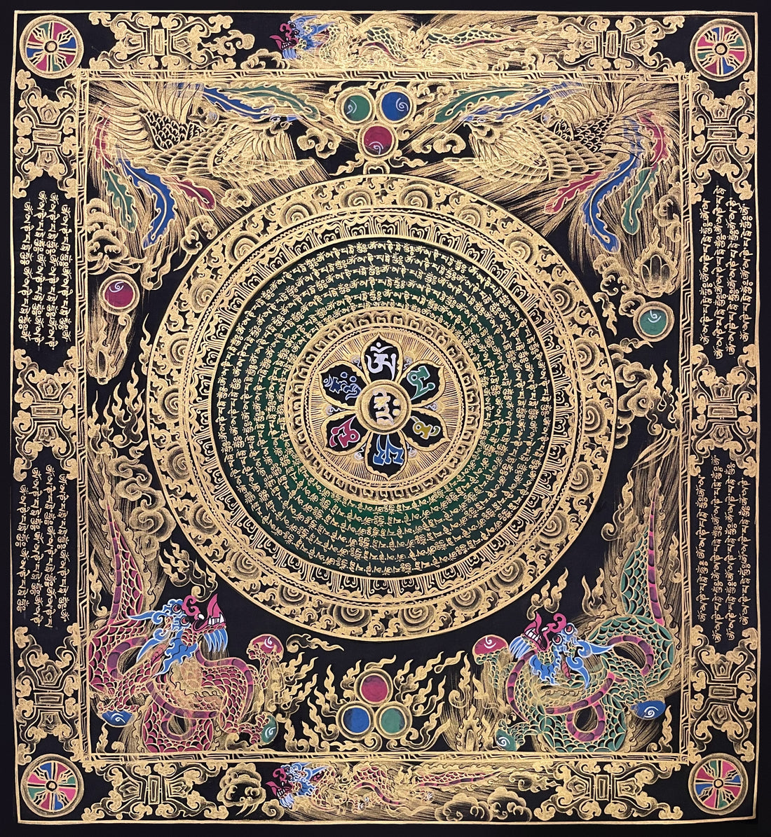 Mantra Mandala thangka, 56×60 cm: a mantra mandala with a six-syllable lotus on deep green, framed by phoenixes