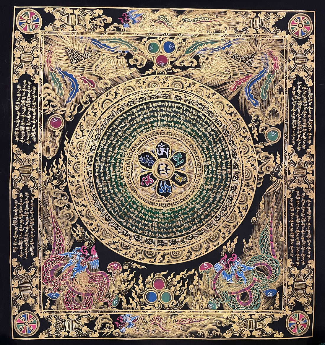 Mantra Mandala thangka, 56×60 cm: a mantra mandala with a six-syllable lotus on deep green, framed by phoenixes