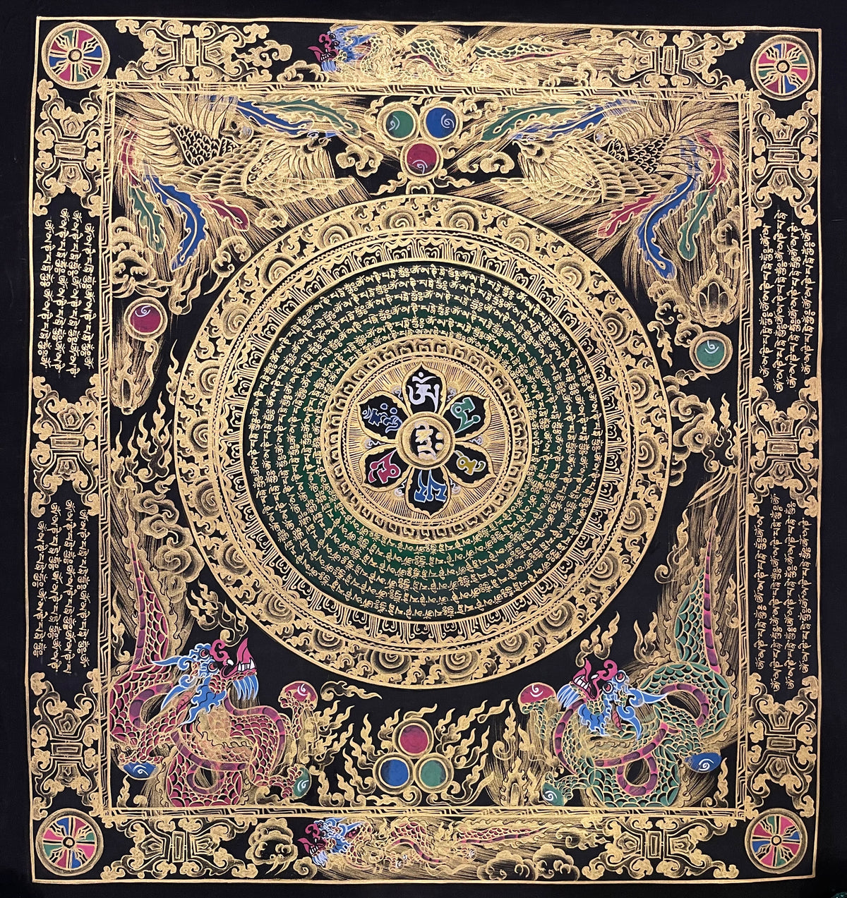 Mantra Mandala thangka, 56×60 cm: a mantra mandala with a six-syllable lotus on deep green, framed by phoenixes