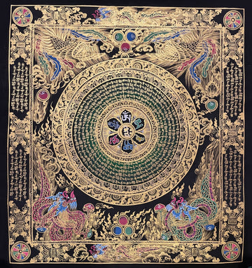 Mantra Mandala thangka, 56×60 cm: a mantra mandala with a six-syllable lotus on deep green, framed by phoenixes