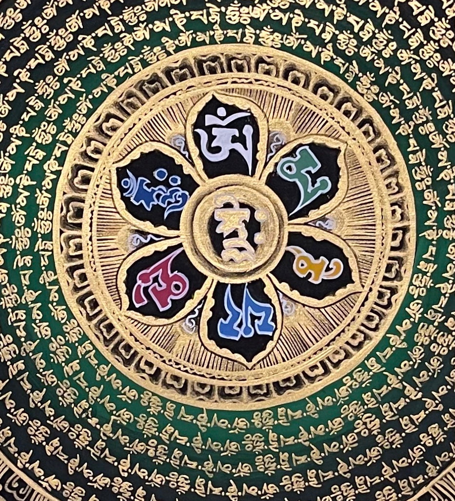 Mantra Mandala thangka, 55×61 cm: a mantra mandala with a six-syllable lotus on deep green, framed by phoenixes