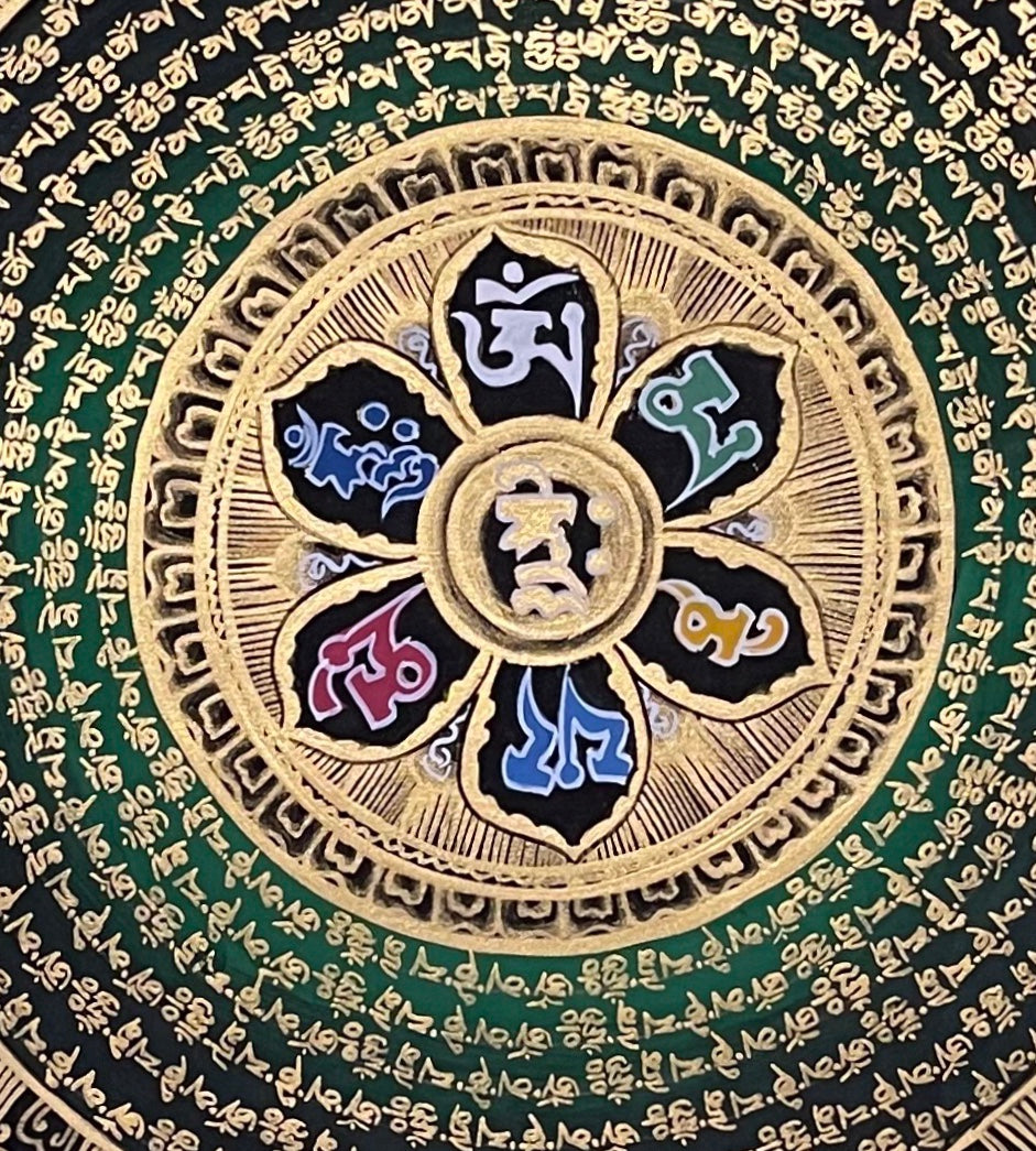 Mantra Mandala thangka, 55×61 cm: a mantra mandala with a six-syllable lotus on deep green, framed by phoenixes