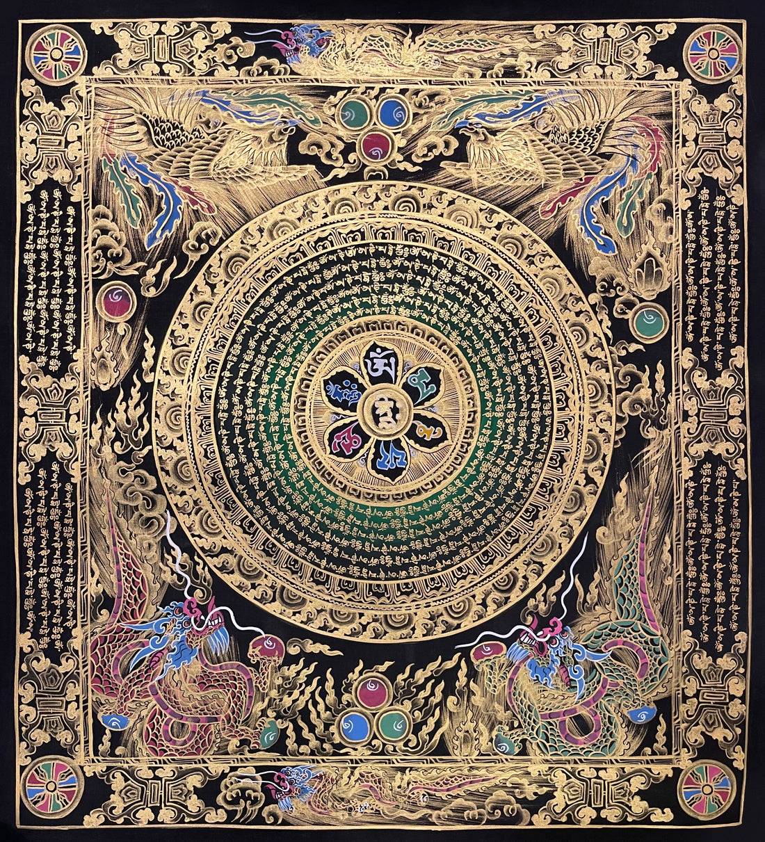 Mantra Mandala thangka, 55×61 cm: a mantra mandala with a six-syllable lotus on deep green, framed by phoenixes