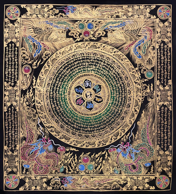 Mantra Mandala thangka, 55×61 cm: a mantra mandala with a six-syllable lotus on deep green, framed by phoenixes