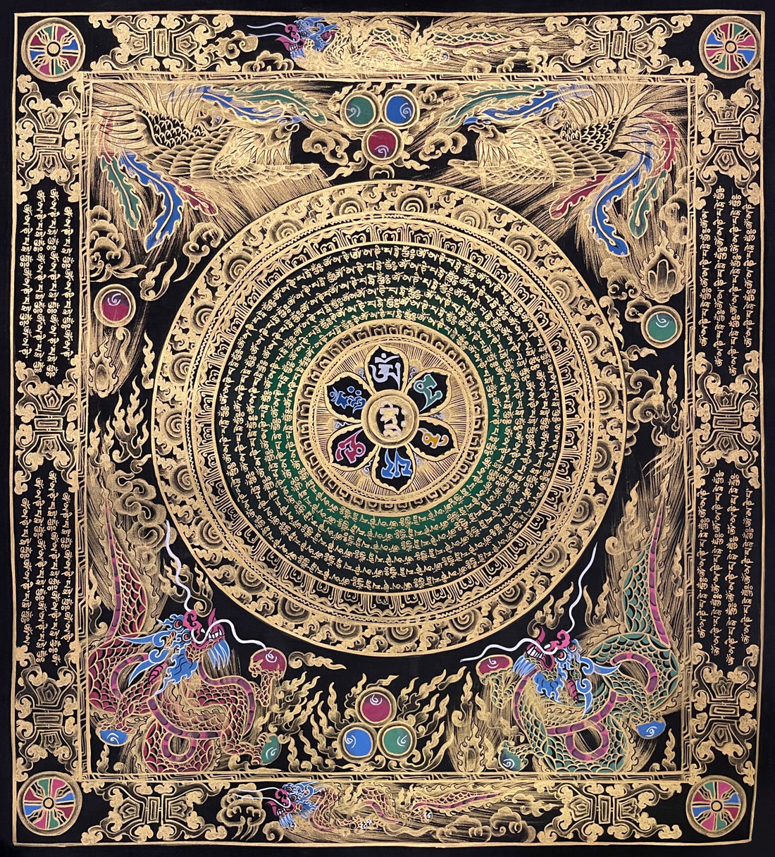 Mantra Mandala thangka, 55×61 cm: a mantra mandala with a six-syllable lotus on deep green, framed by phoenixes