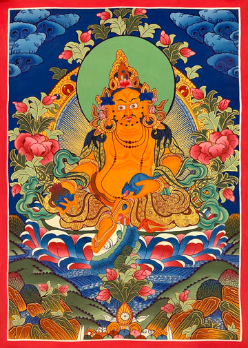 Yellow Jambhala thangka, 49×68 cm: Yellow Jambhala with a mongoose and a citron on a lotus, among pink peonies on deep blue