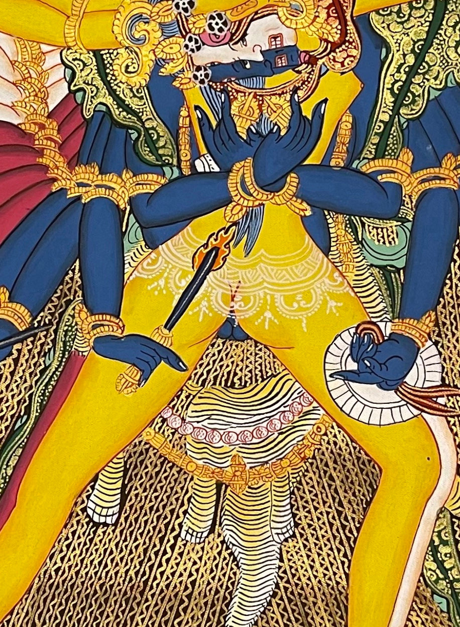 Kalachakra thangka, 51×68 cm: blue many-armed Kalachakra in union with yellow Vishvamata before a patterned arch