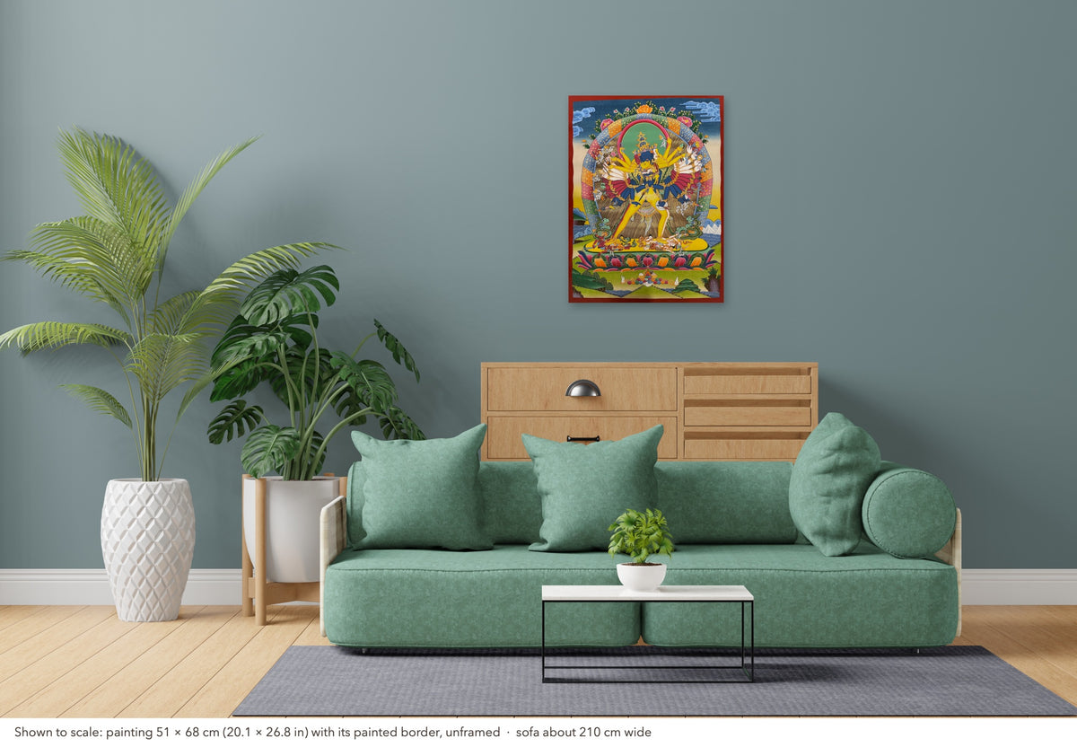 Kalachakra thangka shown to scale in a living room, unframed, above a sofa about 210 cm wide (51×68 cm)