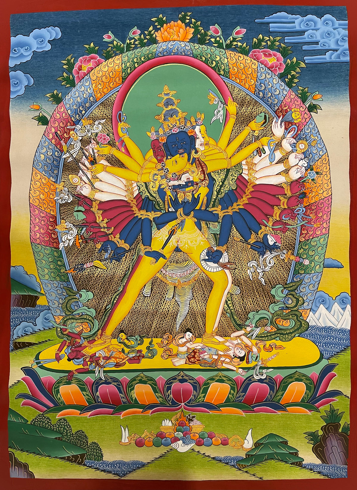 Kalachakra thangka, 51×68 cm: blue many-armed Kalachakra in union with yellow Vishvamata before a patterned arch