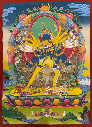 Kalachakra thangka, 51×68 cm: blue many-armed Kalachakra in union with yellow Vishvamata before a patterned arch