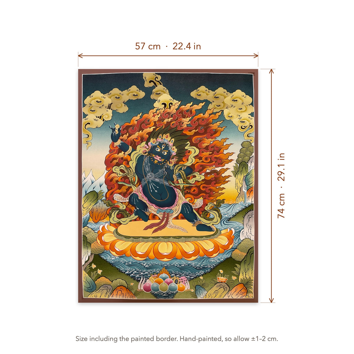 Size diagram: 57 × 74 cm (22.4 × 29.1 in), including the painted border