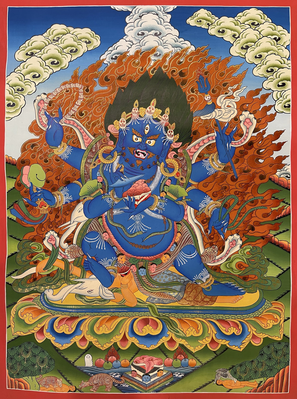 Mahakala thangka, 54×72 cm: blue six-armed Mahakala standing on an elephant-headed figure before orange flames