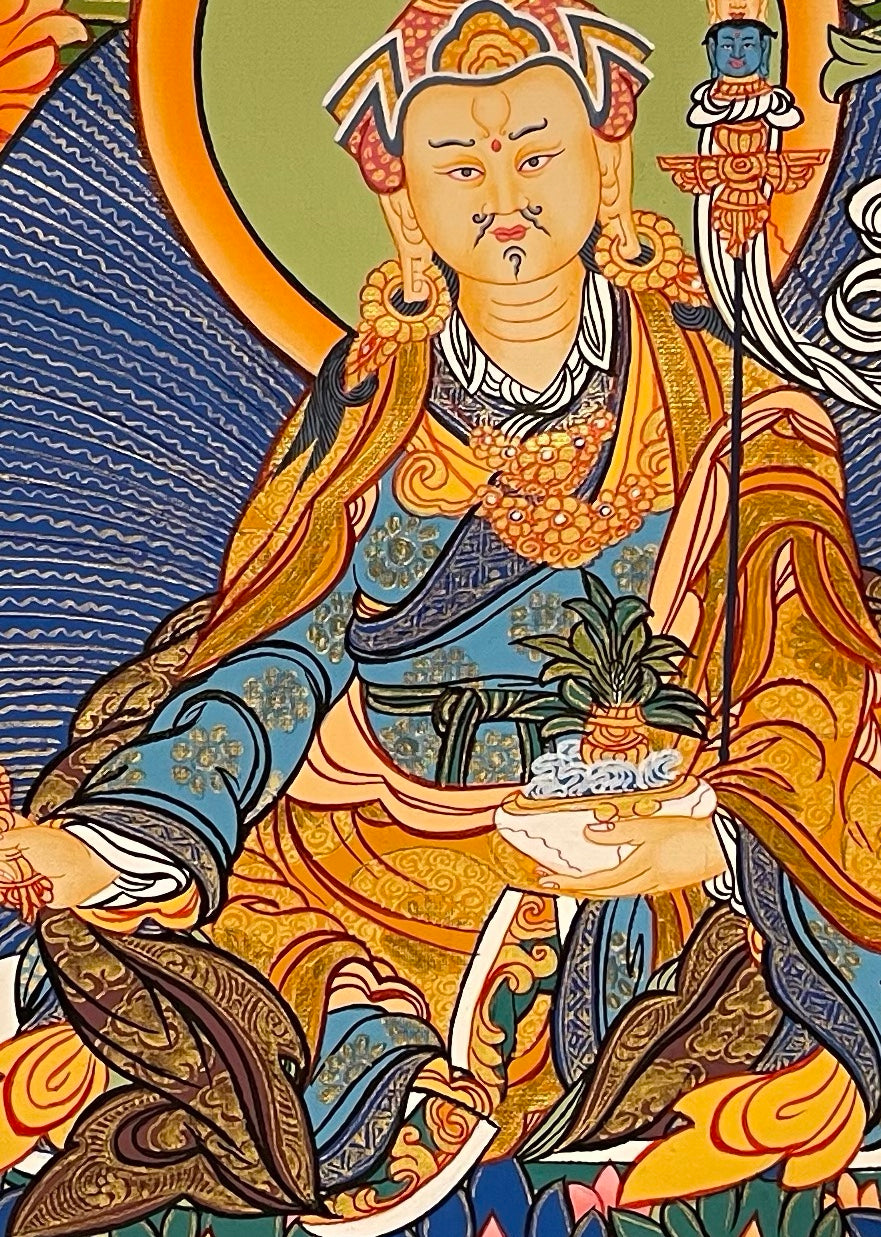 Padmasambhava thangka, 51×70 cm: Padmasambhava surrounded by his eight manifestations, with Buddhas above