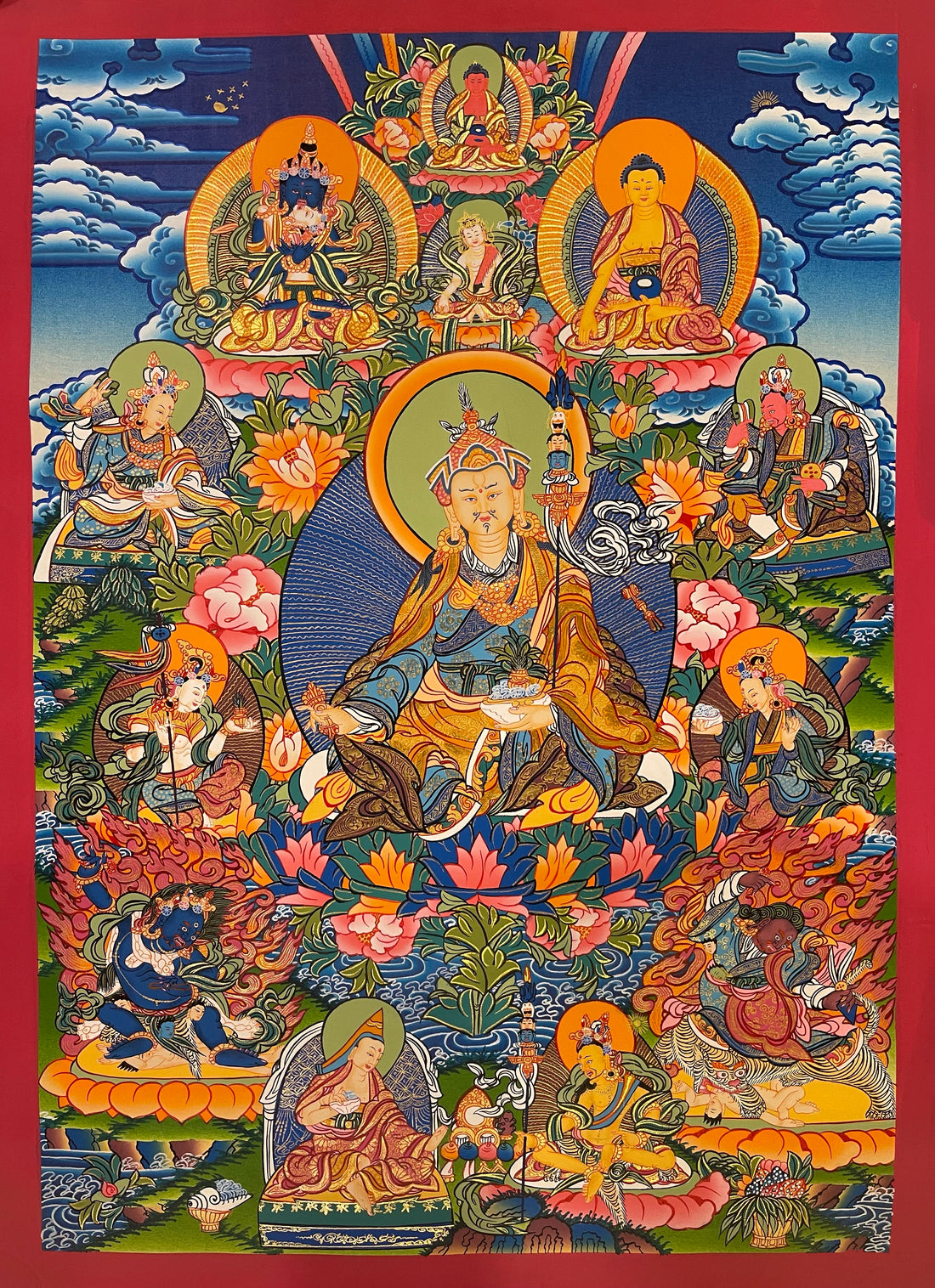 Padmasambhava thangka, 51×70 cm: Padmasambhava surrounded by his eight manifestations, with Buddhas above