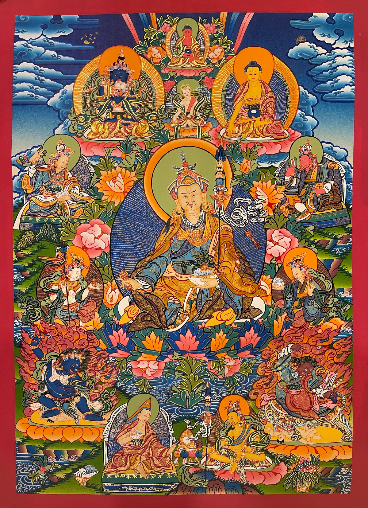 Padmasambhava thangka, 51×70 cm: Padmasambhava surrounded by his eight manifestations, with Buddhas above