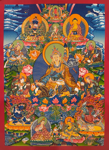 Padmasambhava thangka, 51×70 cm: Padmasambhava surrounded by his eight manifestations, with Buddhas above
