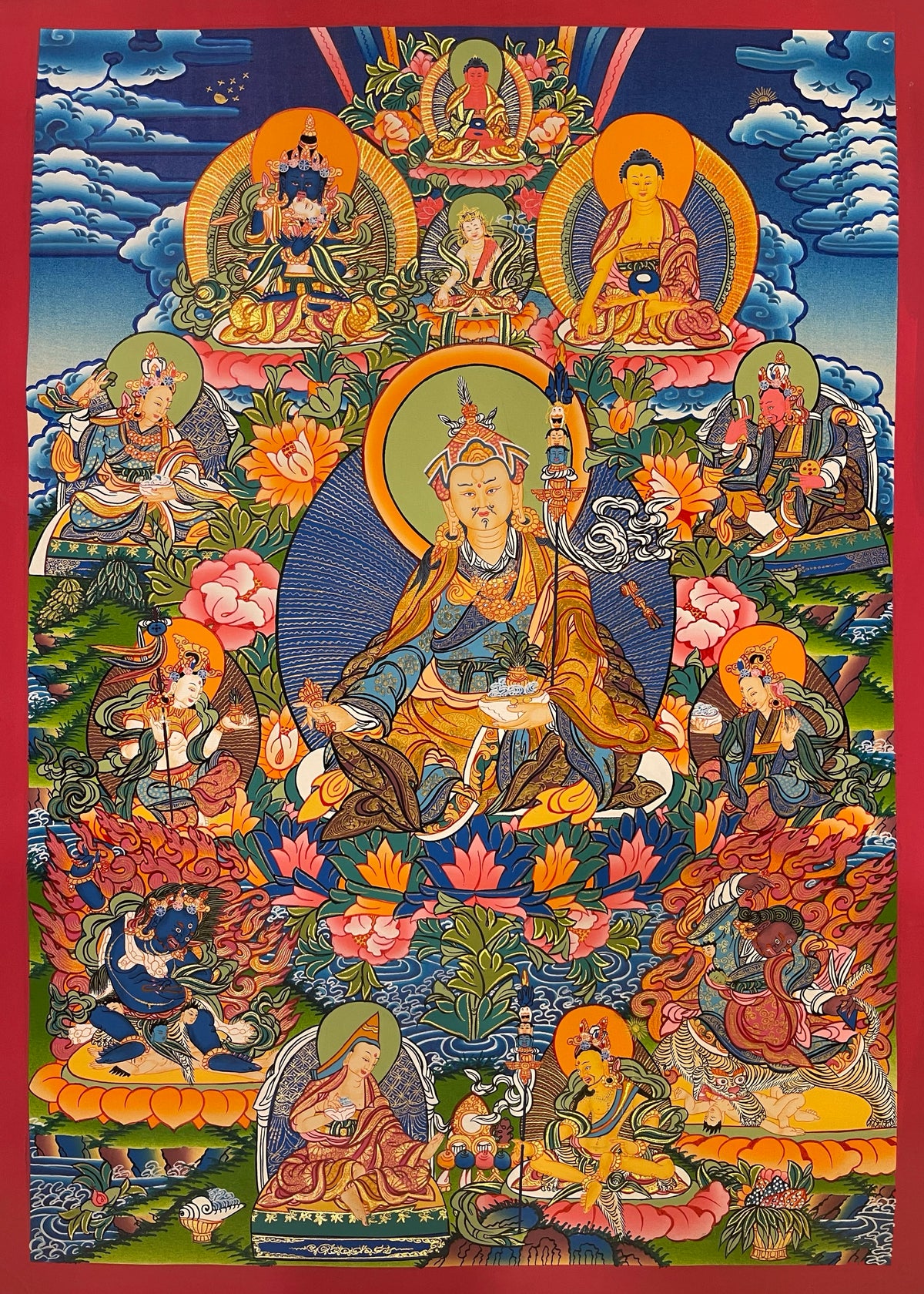 Padmasambhava thangka, 51×70 cm: Padmasambhava surrounded by his eight manifestations, with Buddhas above