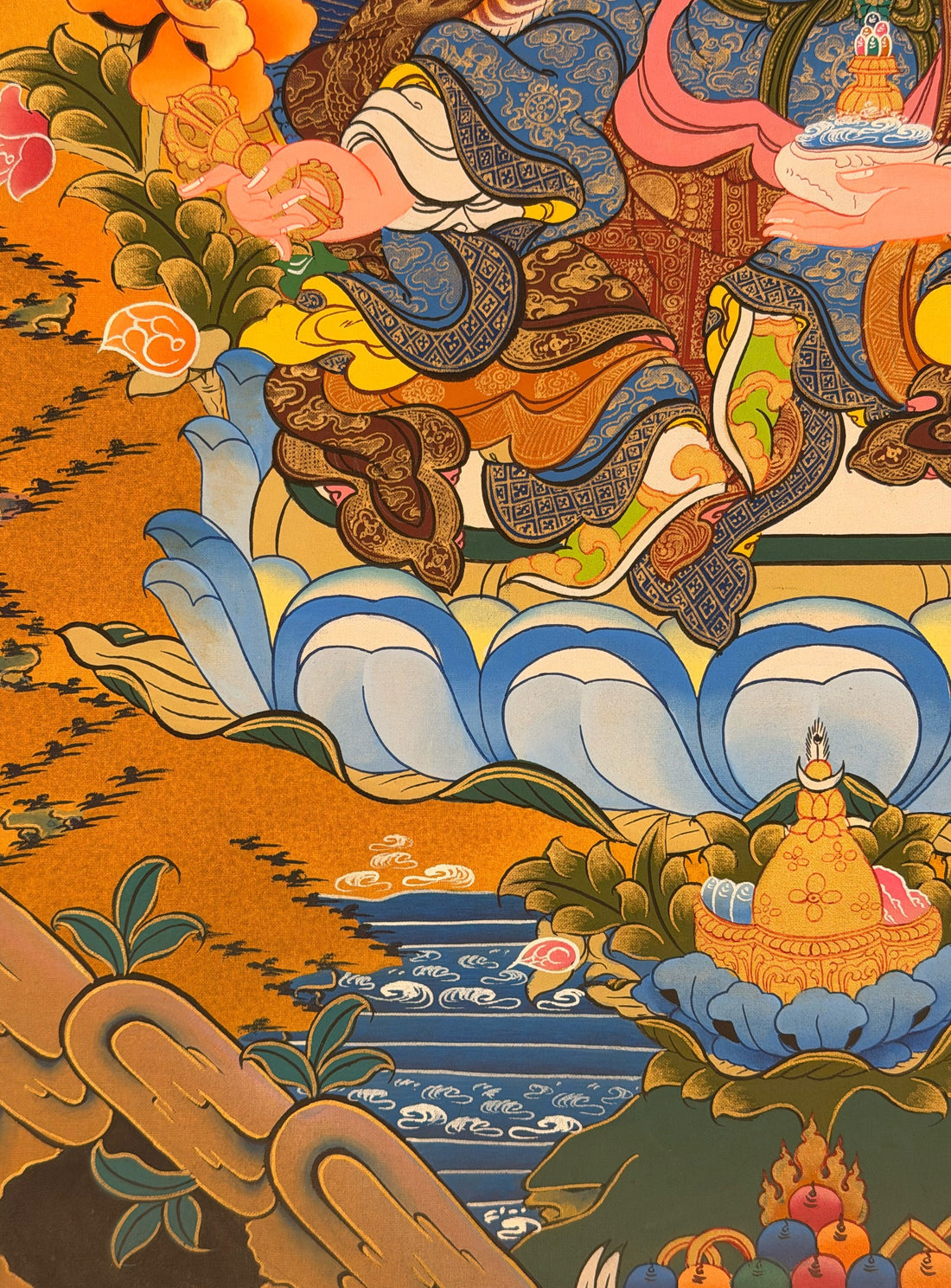 Padmasambhava thangka, 56×76 cm: Padmasambhava on a pale blue lotus against a dark olive sky