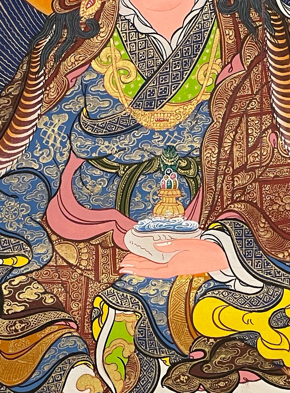 Padmasambhava thangka, 56×76 cm: Padmasambhava on a pale blue lotus against a dark olive sky