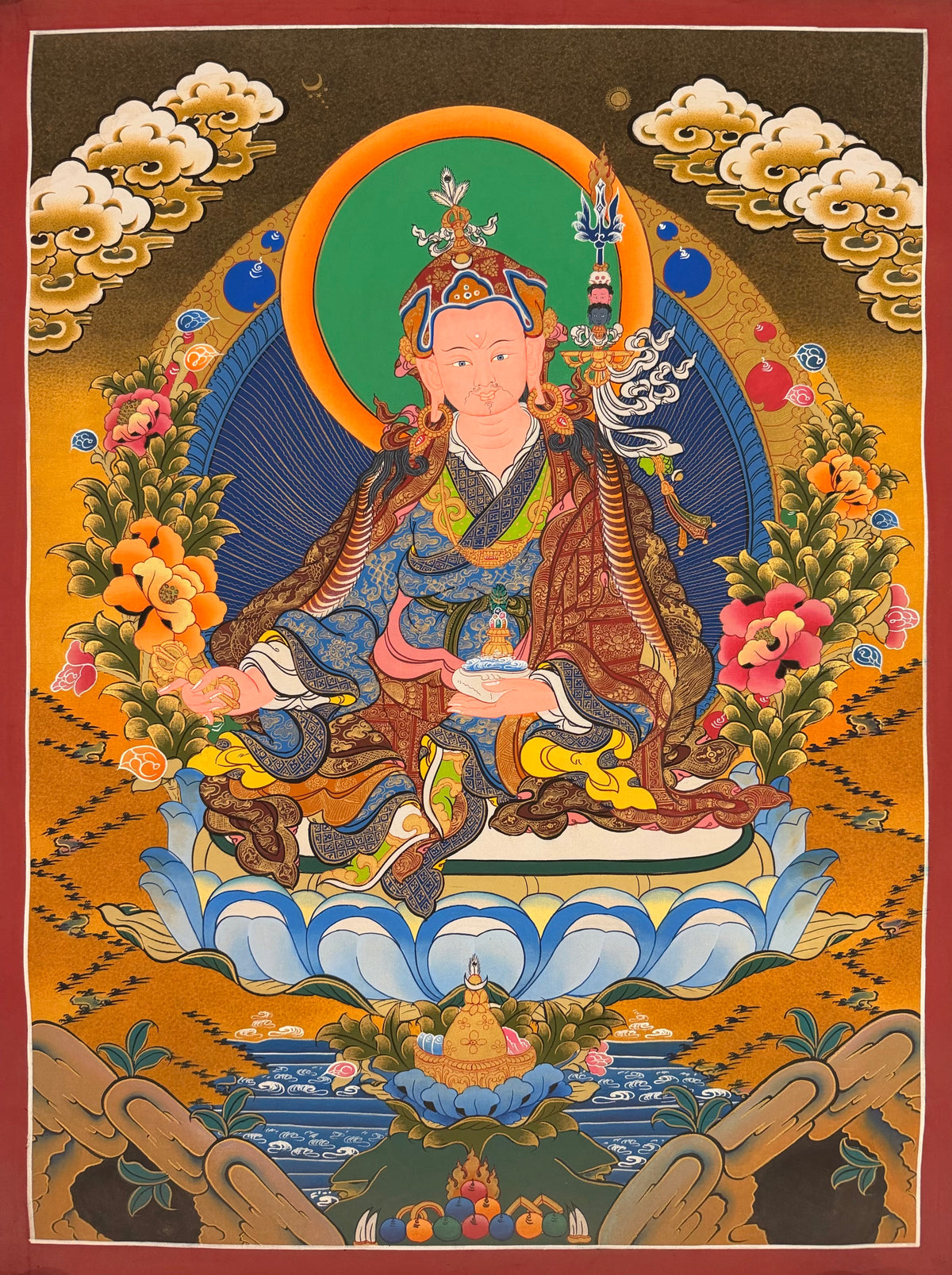 Padmasambhava thangka, 56×76 cm: Padmasambhava on a pale blue lotus against a dark olive sky