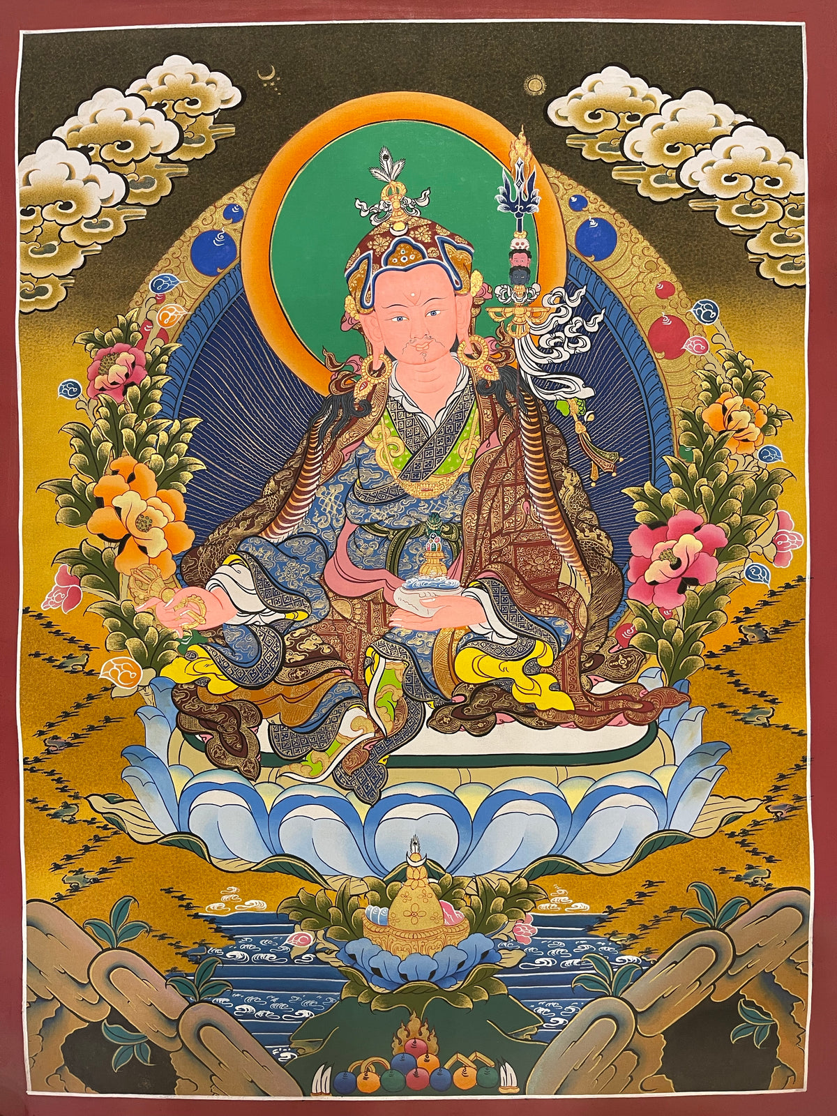 Padmasambhava thangka, 56×76 cm: Padmasambhava on a pale blue lotus against a dark olive sky