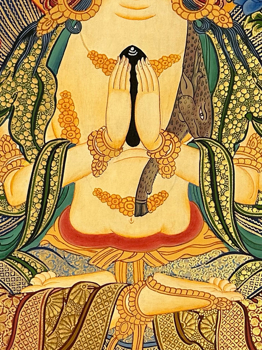 Chenrezig thangka, 50×66 cm: four-armed Chenrezig on a large lotus between pink peonies