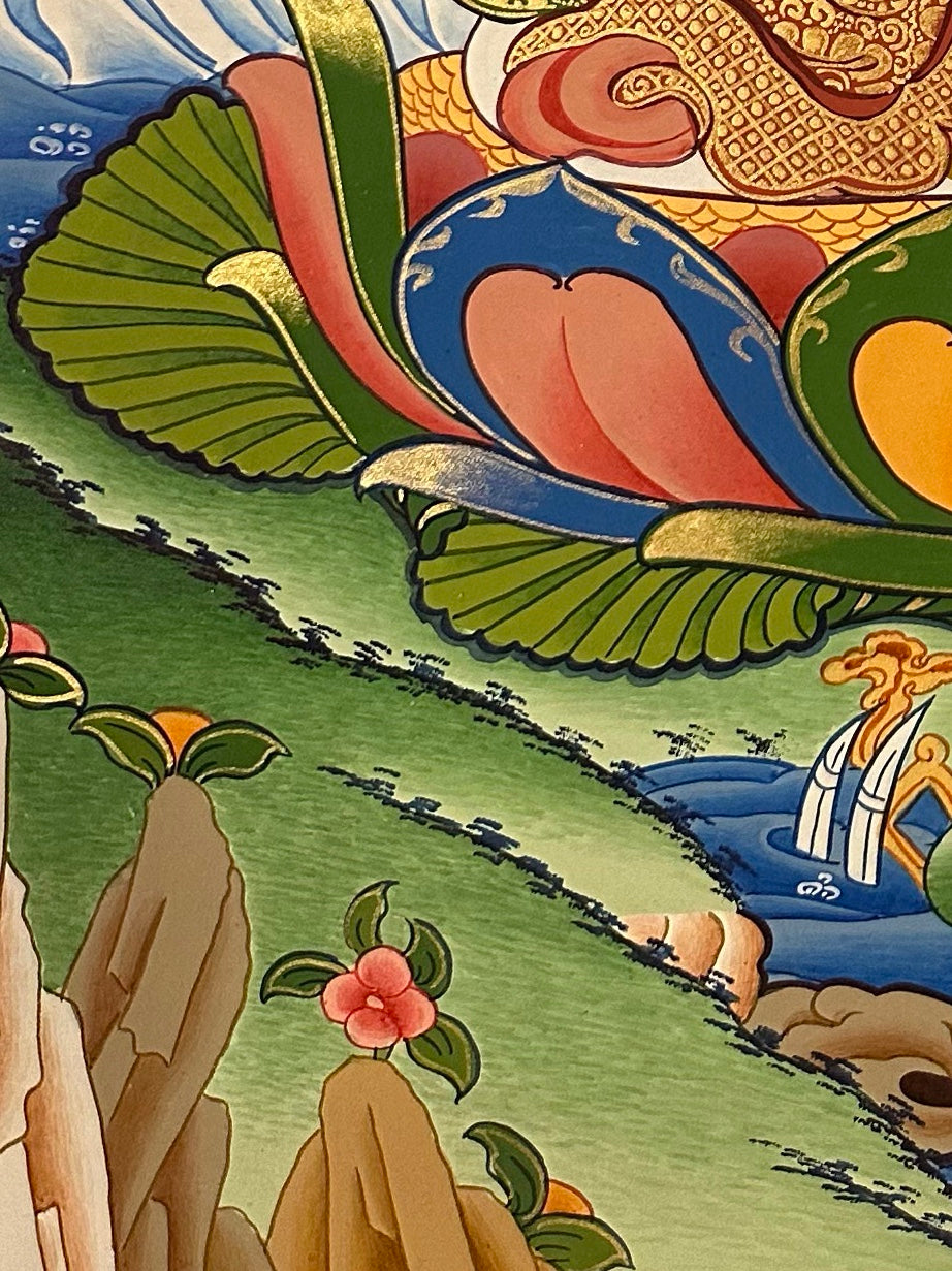 Chenrezig thangka, detail: bottom-left corner