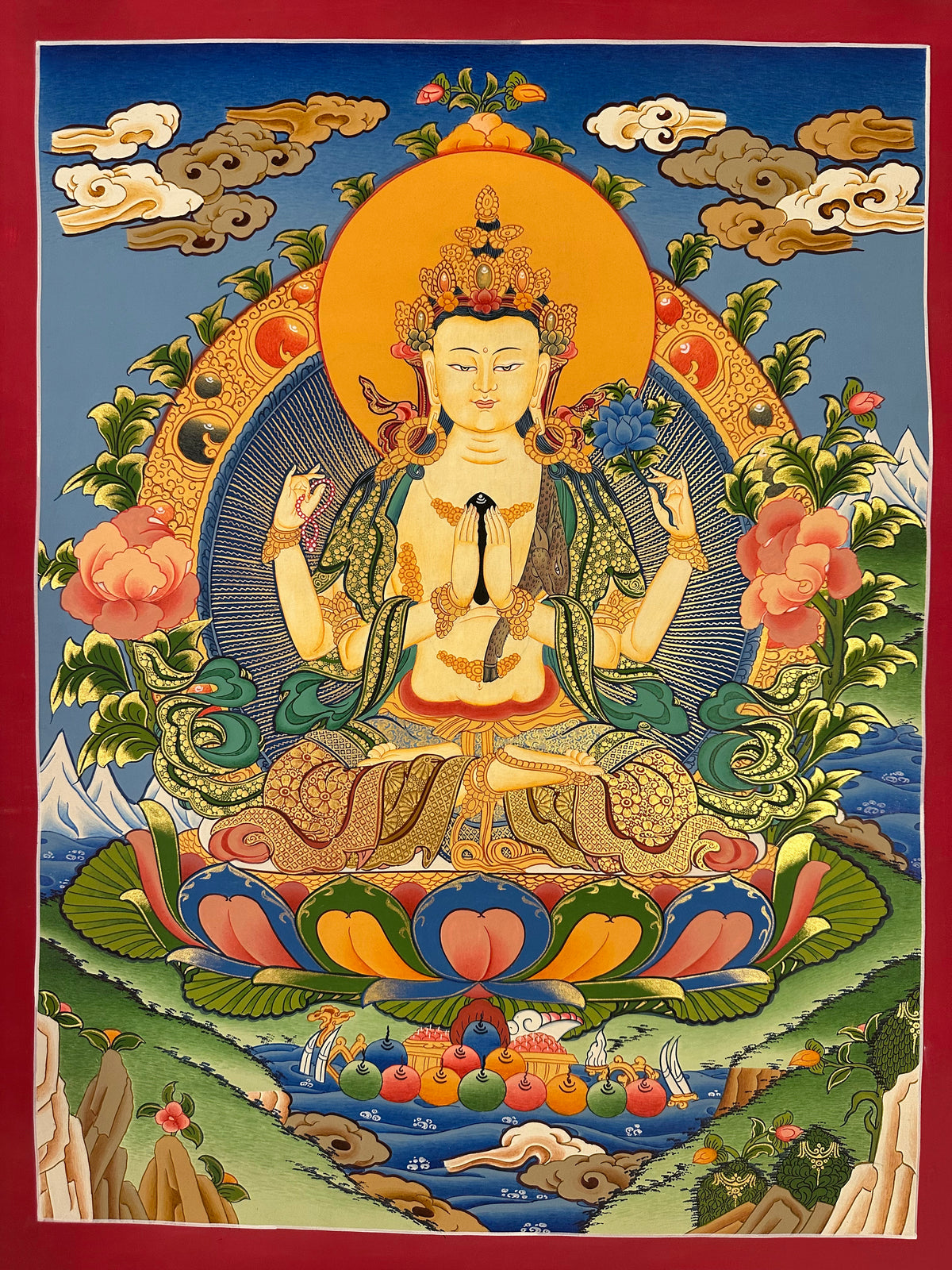 Chenrezig thangka, 50×66 cm: four-armed Chenrezig on a large lotus between pink peonies