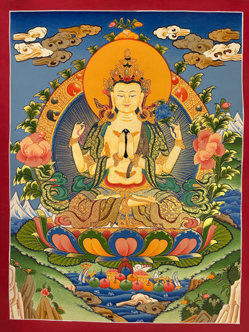 Chenrezig thangka, 50×66 cm: four-armed Chenrezig on a large lotus between pink peonies