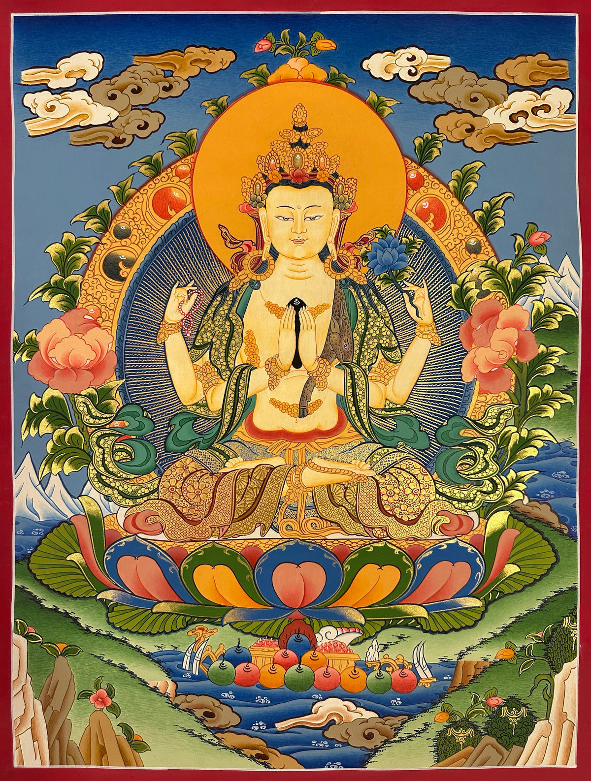 Chenrezig thangka, 50×66 cm: four-armed Chenrezig on a large lotus between pink peonies