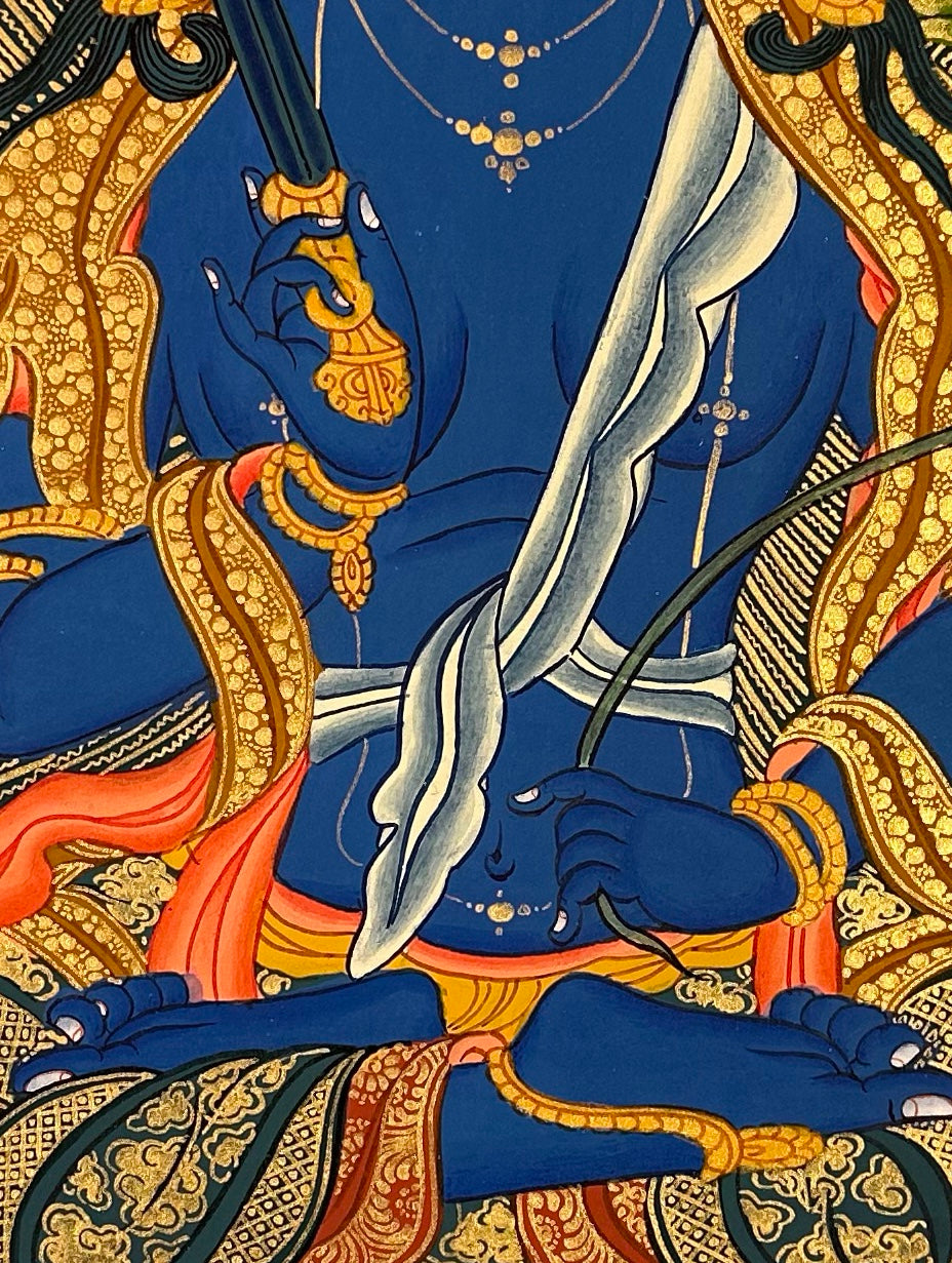 Blue Manjushri thangka, 50×66 cm: blue Manjushri with an upright sword on a coral lotus, on an olive-gold ground