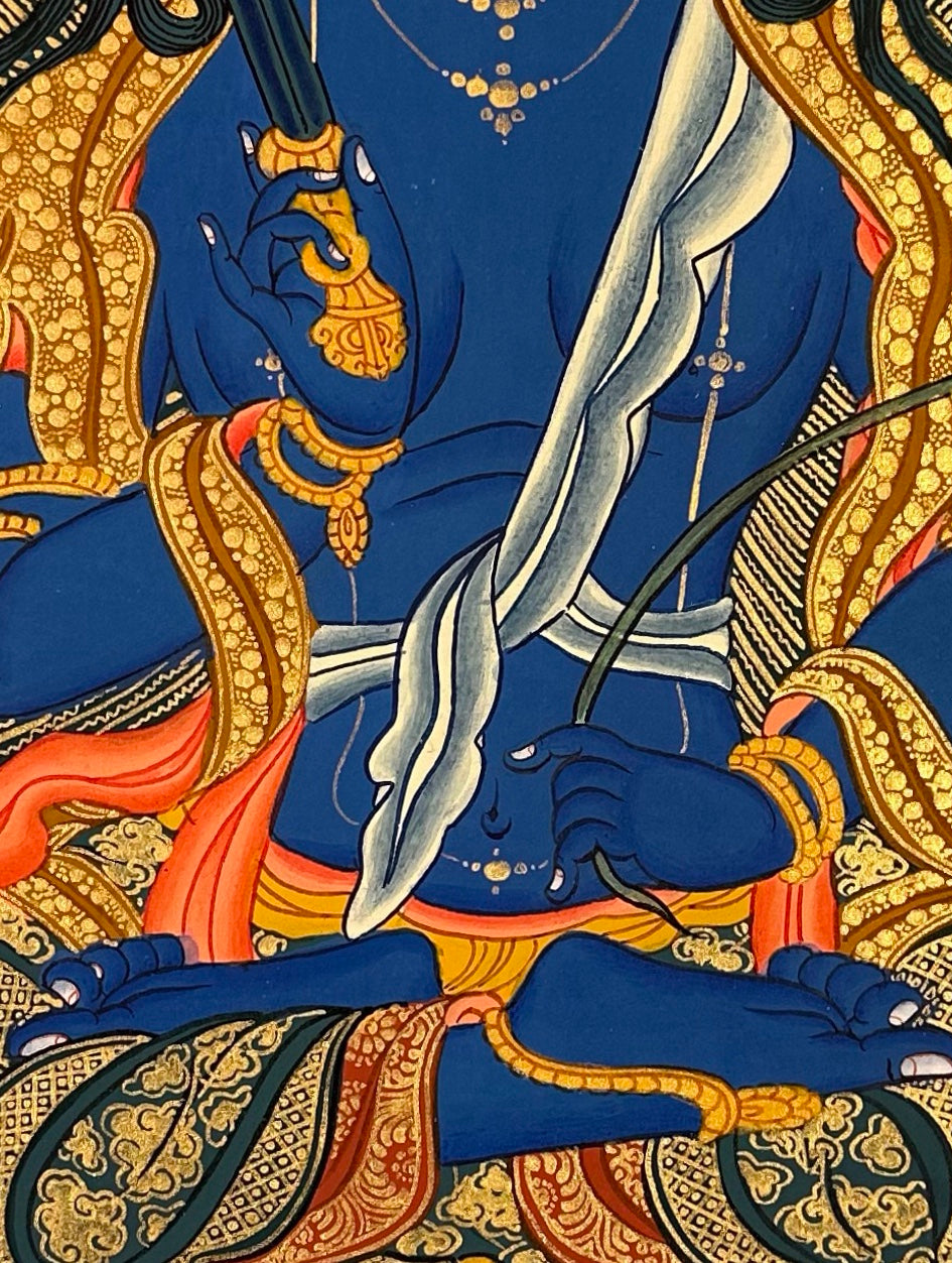 Blue Manjushri thangka, 50×66 cm: blue Manjushri with an upright sword on a coral lotus, on an olive-gold ground