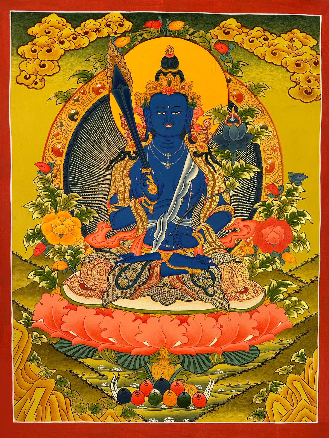 Blue Manjushri thangka, 50×66 cm: blue Manjushri with an upright sword on a coral lotus, on an olive-gold ground