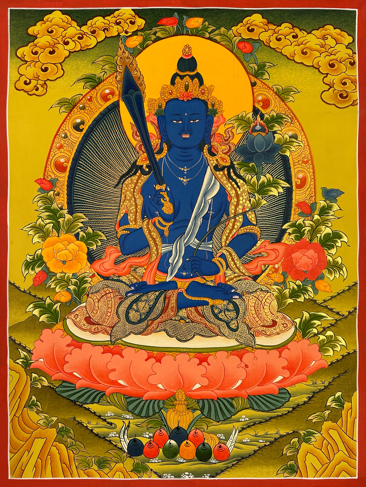 Blue Manjushri thangka, 50×66 cm: blue Manjushri with an upright sword on a coral lotus, on an olive-gold ground