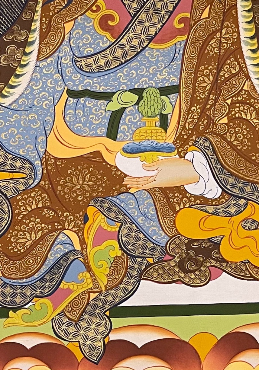 Padmasambhava thangka, 49×68 cm: Padmasambhava with vajra and skull cup on a lotus, with two female figures below