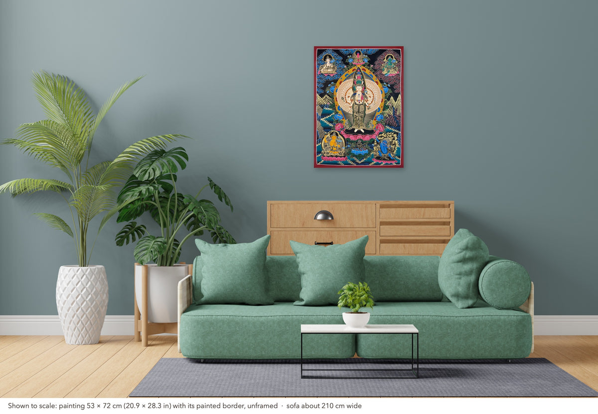 Lokeshwor thangka shown to scale in a living room, unframed, above a sofa about 210 cm wide (53×72 cm)