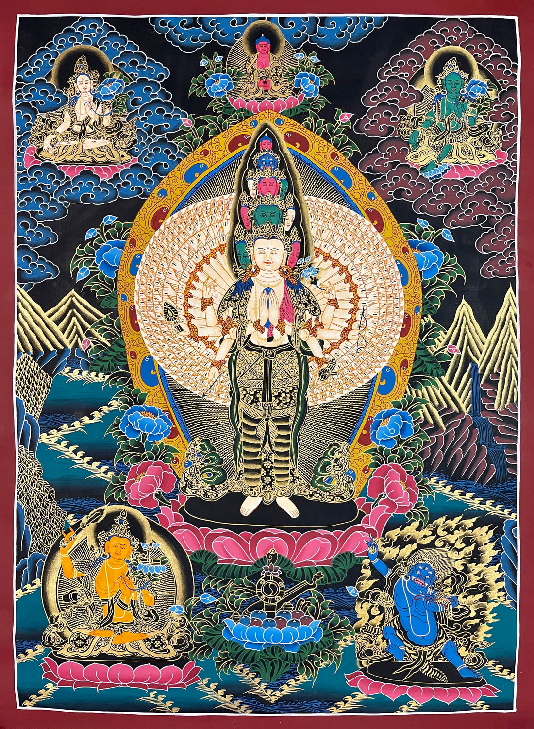 Lokeshwor thangka, 53×72 cm: thousand-armed Lokeshwor with Amitabha, White Tara and Green Tara above and Manjushri and Vajrapani below
