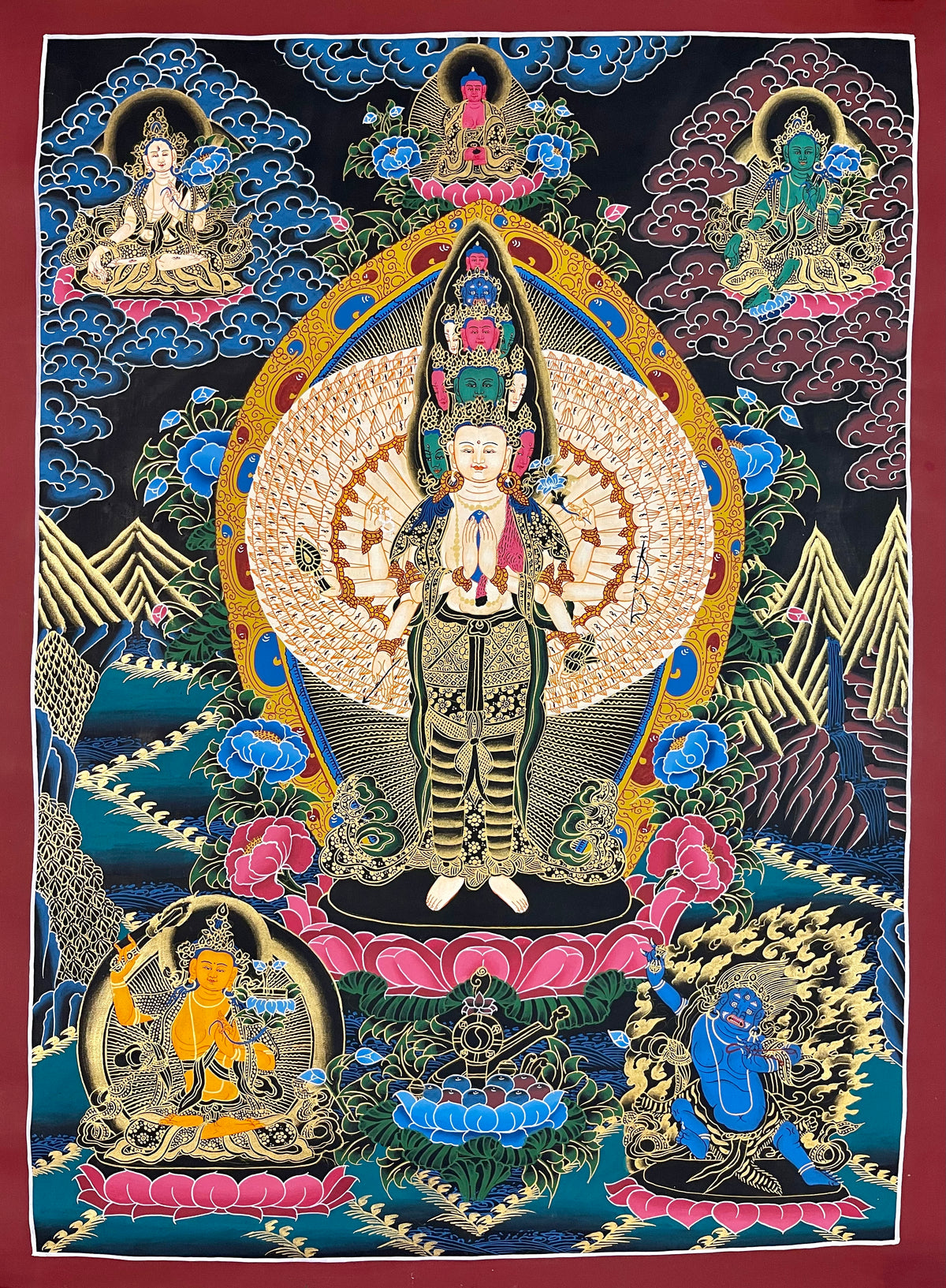 Lokeshwor thangka, 53×72 cm: thousand-armed Lokeshwor with Amitabha, White Tara and Green Tara above and Manjushri and Vajrapani below