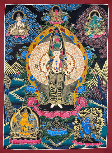 Lokeshwor thangka, 53×72 cm: thousand-armed Lokeshwor with Amitabha, White Tara and Green Tara above and Manjushri and Vajrapani below