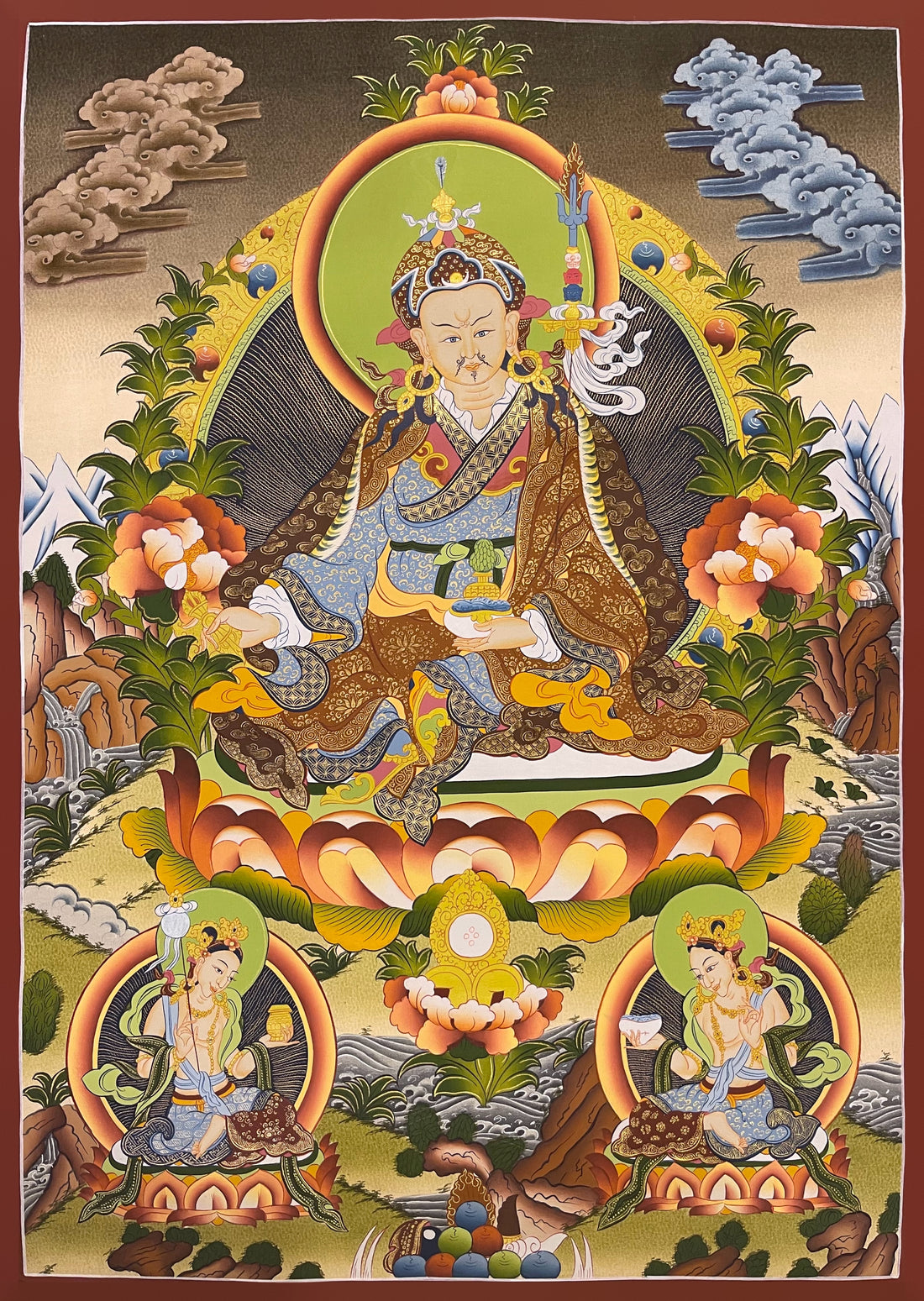 Padmasambhava thangka, 49×68 cm: Padmasambhava with vajra and skull cup on a lotus, with two female figures below