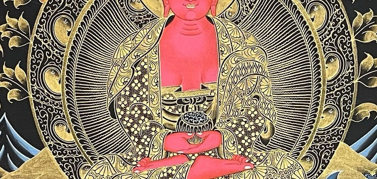 Amitabha Buddha, Chenrezig & Padmasambhava thangka, detail: centre