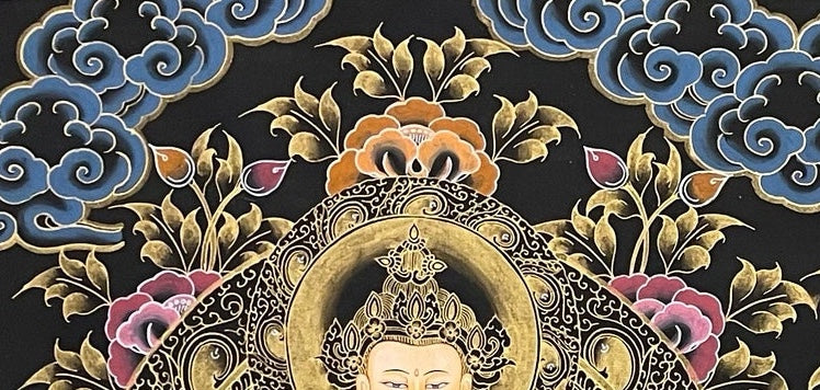 Amitabha Buddha, Chenrezig & Padmasambhava thangka, detail: top-left corner