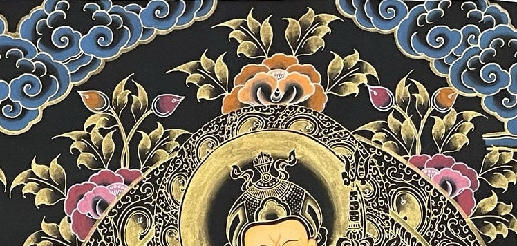 Amitabha Buddha, Chenrezig & Padmasambhava thangka, detail: top-right corner