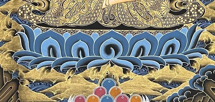 Amitabha Buddha, Chenrezig & Padmasambhava thangka, detail: bottom-left corner