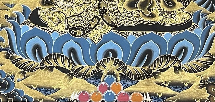 Amitabha Buddha, Chenrezig & Padmasambhava thangka, detail: bottom-right corner