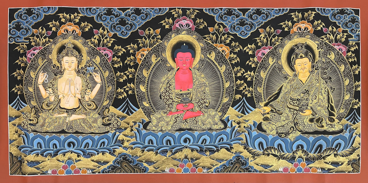 Amitabha Buddha, Chenrezig & Padmasambhava thangka, 105×53 cm: Chenrezig
