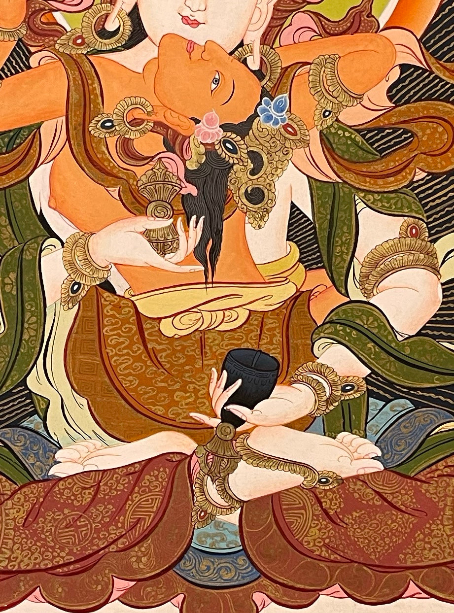 Vajrasattva with Consort thangka, 56×73 cm: white Vajrasattva in union with his red consort on an orange lotus above a river