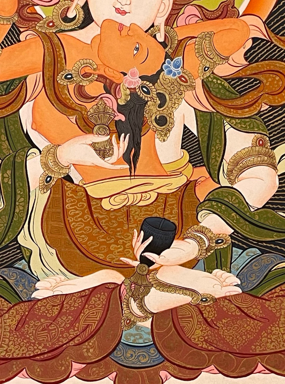 Vajrasattva with Consort thangka, 56×73 cm: white Vajrasattva in union with his red consort on an orange lotus above a river